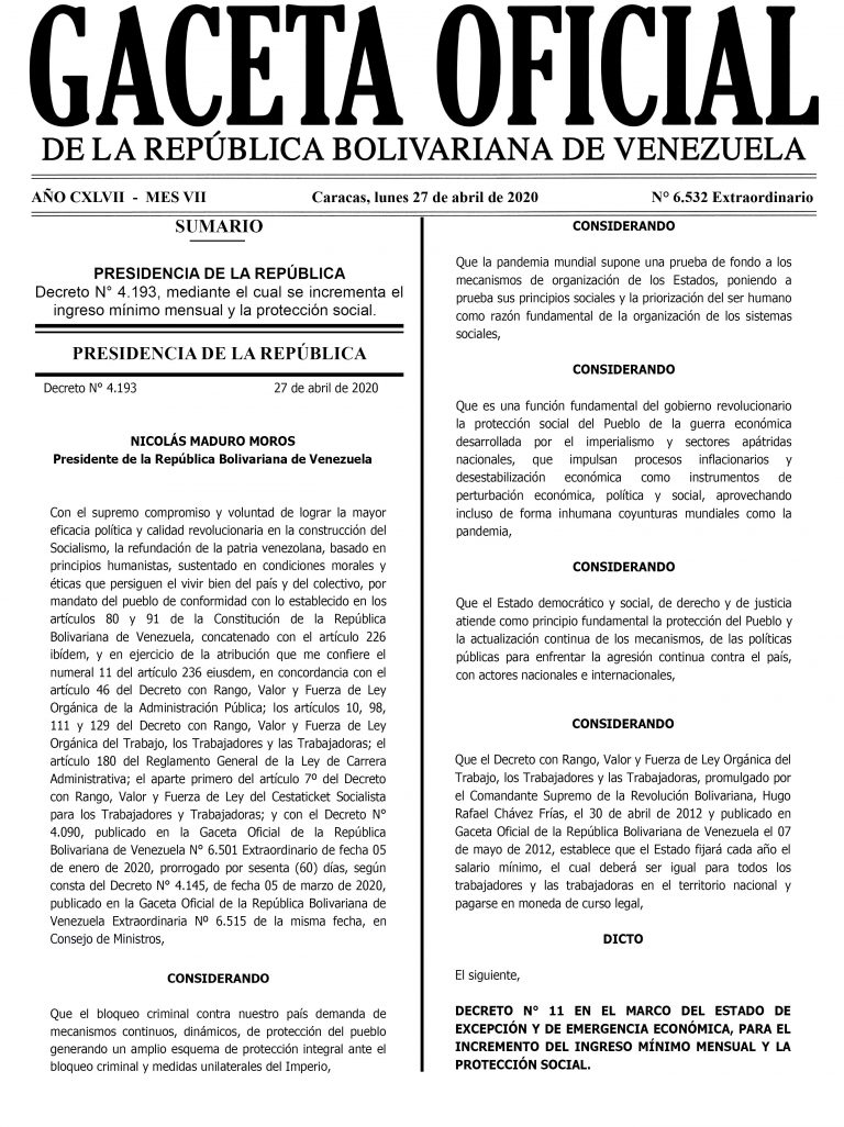 Esta es la Gaceta Oficial que publica aumento del salario, cesta